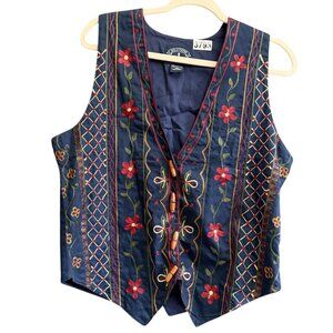 VTG Solutions Original Sleeveless Embroidered Floral Vest Womens Medium Blue